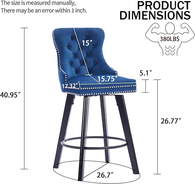 YISHENG Modern Swivel 27" H Seat Set of 6 Velvet Barstools with Backrest and Footrest,Button Tufted Rivet Trim Dining Room Chairs with Metal Pull Ring for Kitchen Island，Bistro, Home Bar，Blue