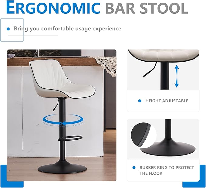 YOUNIKE Bar Stools Set of 2 for Kitchen Island, White Faux Leather Padded Bar Stools, Adjustable Barstools with Back, Modern Tall Bar Stools with 300LBS Support, Counter Height Swivel Bar Chairs