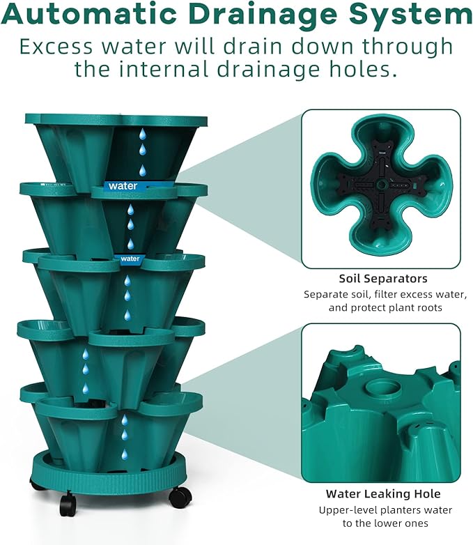 Strawberry Vertical Planters Tower Garden, 6 Tiered Stacking Planter with Support Pole, Stackable Herb Vegetable Planters Indoor and Outdoor
