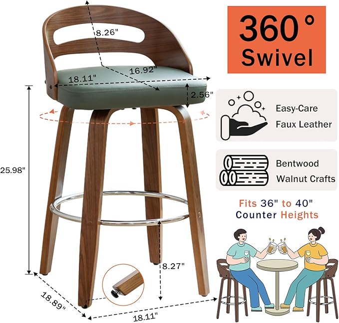 Counter Stools Set of 4, Counter Height Bar Stools with Walnut Crafts, Bentwood Curved Back, Upholstered Faux Leather, Soft Cushion Seat, Swivel Counter Chairs for Island/Pub (Green, 26" Seat Height)