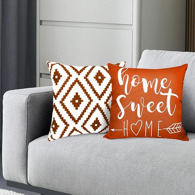 Decorative Throw Pillow Covers Set of 4 Orange Pillow Covers 16x16 inch Throw Pillows Linen Square Pillow Case,Farmhouse Outdoor Modern Geometric Pillow Covers for Couch Sofa Living Room