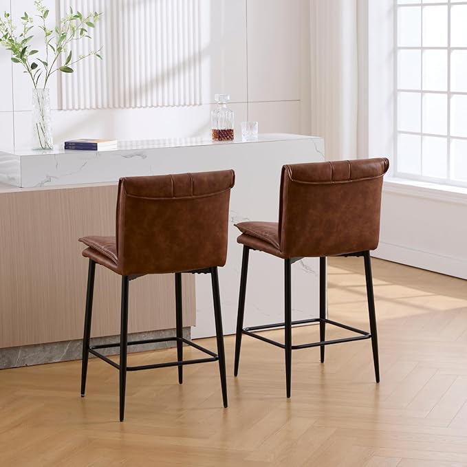 CIMOTA Leather Counter Height Bar Stools Set of 2, Modern 26 Inch Upholstered Barstools with Back and Metal Legs, Comfortable Kitchen Island Chairs, PU Brown