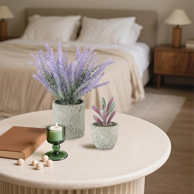 ALAGIRLS 4 Packs Fake Plants Small Artificial Plants for Shelf Lavender Flowers Eucalyptus Succulents Plants Potted Faux Plants for Home Indoor Office Bathroom Living Room Decor
