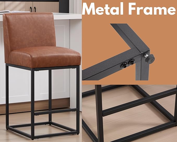 VESCASA Faux Leather 27 inches Counter Height Bar Stools with Padded Back, Modern Upholstered Counter Stool Chairs with Black Metal Frame for Kitchen Island, Set of 4, Brown