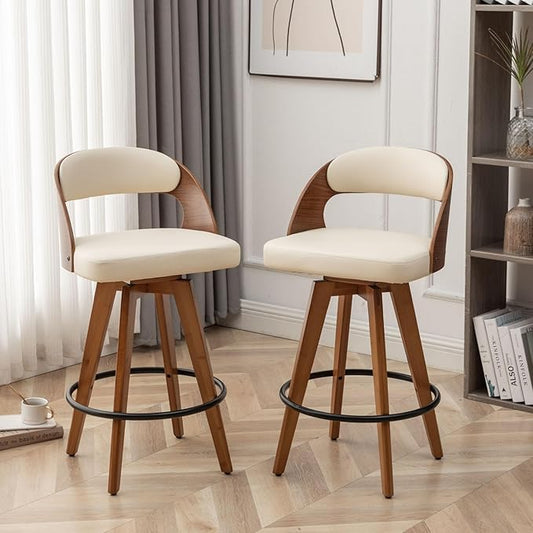 Barstools Set of 2,Bar Height Bar Stools for Kitchen Island,30.3 Inch Modern Upholstered Bar Chair, Swivel Bar Stools with Back and Wood Legs (Beige-pu)