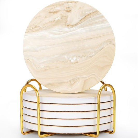 GOH DODD Coasters for Drinks Set of 6, Absorbent Marble Style Ceramic Coaster Cup Coasters Tabletop Protection Home Decor with Metal Holder for Housewarming Gifts Wedding Party, Beige, Round, 4 Inch