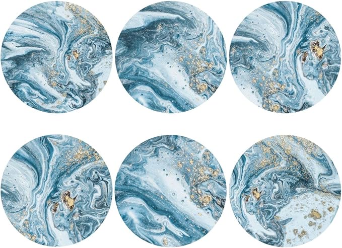 Ocean Gold Sky Blue Marble Coasters Set of 6 Coasters for Drinks Absorbent Double-Sided Leather PVC Coaster for Tabletop Protection Coffee Table Decor Ideal for Home Decor House Warming Gifts
