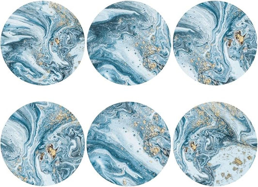 Ocean Gold Sky Blue Marble Coasters Set of 6 Coasters for Drinks Absorbent Double-Sided Leather PVC Coaster for Tabletop Protection Coffee Table Decor Ideal for Home Decor House Warming Gifts