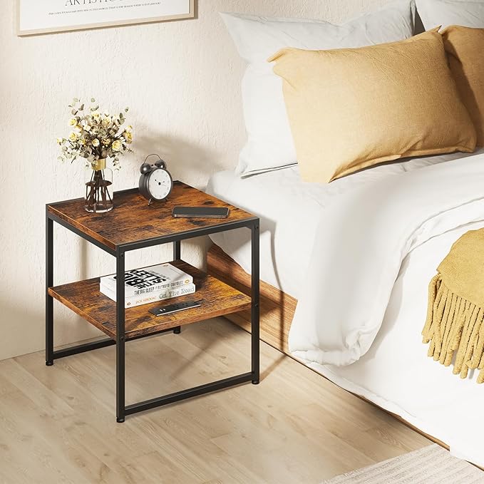 Tatub 20" End Table with Charging Station, Industrial Square Side Table with USB Ports & Outlets, Versatile 2-Tier Small Nightstand for Bedroom Living Room, Rustic Brown