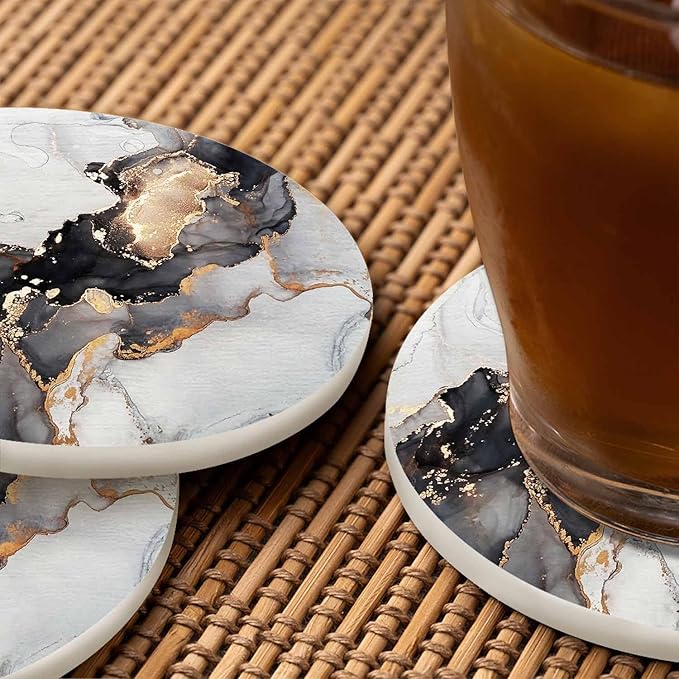 Alcohol Ink Painting Black Coaster Luxury Marble Liquid Global Texture Tabletop Protection for Any Table Type Wood, Granite, Glass, Soapstone, Sandstone, Marble, Stone Tables