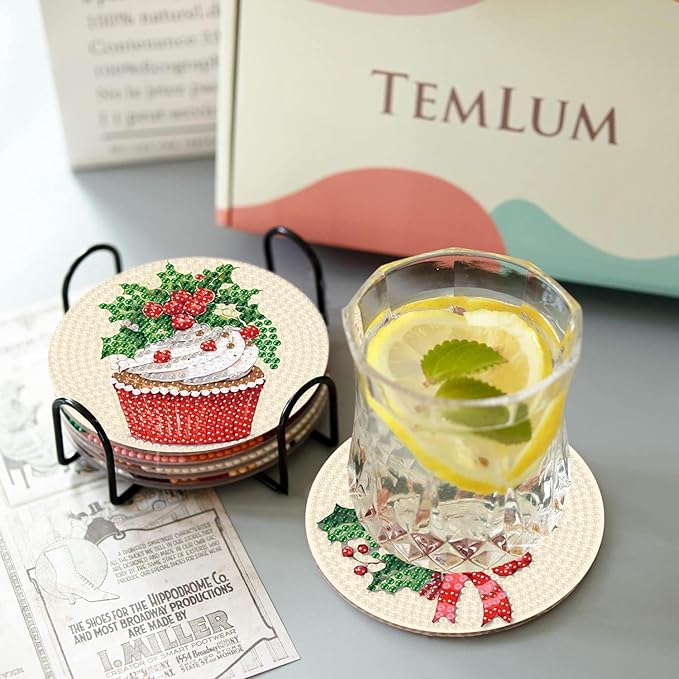 eniref 8 Pcs Christmas Diamond Art Coasters Kits with Holder, Chirstmas Bell Candy Candle Diamond Pinting Coasters Acrylic Cup Coaster with Cork Pads for Tabletop Protection 10×10 CM