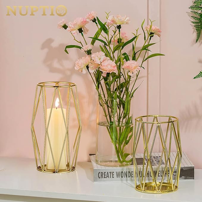 Nuptio Candle Holders for Pillar Candles - Geometric Candleholders Gold Flower Vase with Hurricane Cylinder Glass Dual Uses for Wedding Birthday Party Table Living Room Centerpieces