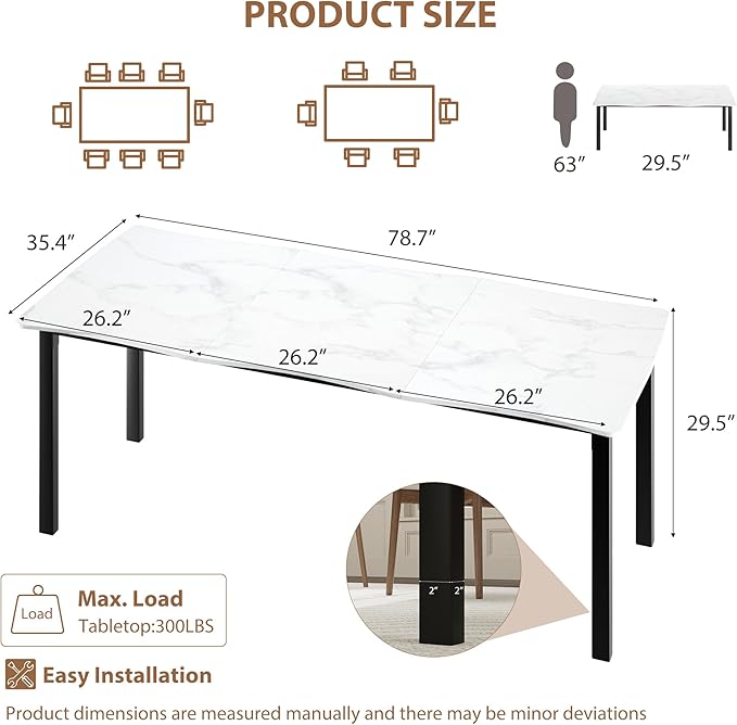 78.7”Dining Table with Wave Irregular Edge, 15mm Thick MDF Top & Metal Frame, for Kitchen, Quick Assembly, Wooden Kitchen Table for 6-8, Waterproof Scratch-Resistant, Marble