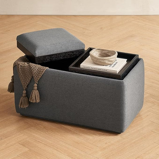 mopio Levi Storage Bench with Reversible Tray, Modern Storage Coffee Table, Bedroom Bench, Rectangular Cube Upholstered Coffee Table Ottoman for Living Room, Bedroom, Entryway (Fabric, Dark Gray)