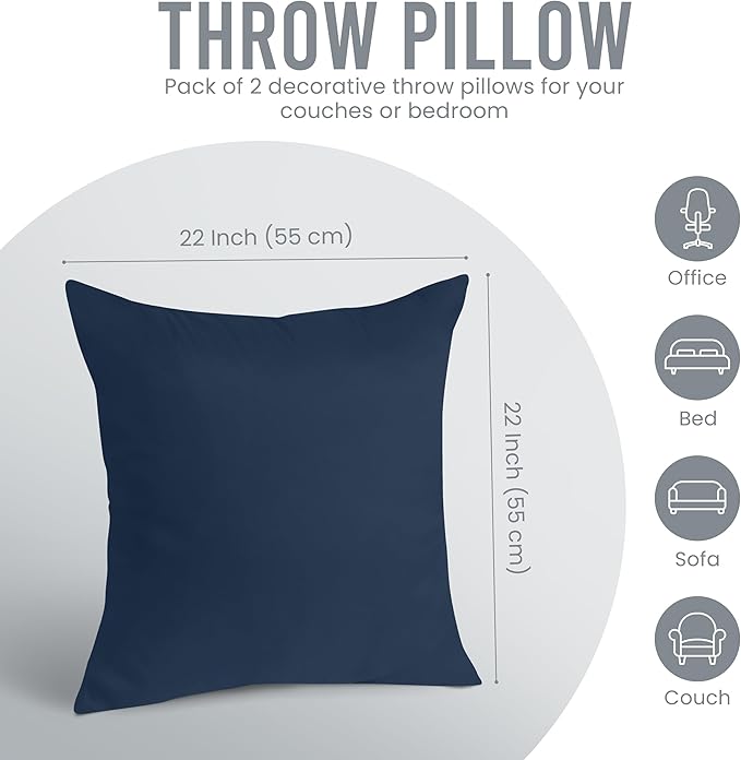 Utopia Bedding Throw Pillows Insert (Pack of 2, Navy) - 22 x 22 Inches Bed and Couch Pillows - Indoor Decorative Pillow