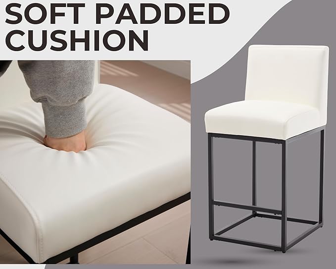 VESCASA Faux Leather 27 inches Counter Height Bar Stools with Padded Back, Modern Upholstered Counter Stool Chairs with Black Metal Frame for Kitchen Island, Set of 4, White