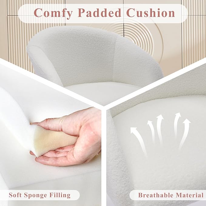 Modern Small Accent Chair, Comfy Sherpa Makeup Vanity Chair with Metal Legs, Decorative Chair no Wheels for Living Room, Dressing Room, Bedroom, White