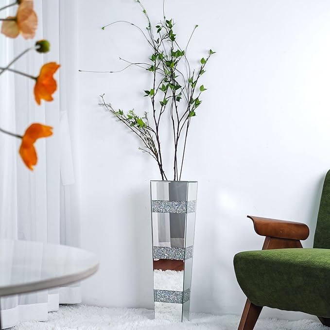 Crushed Diamond Mirror Vase: 28.15 inches High Silver Crystal Geometric Bling Decor for Luxury Home Centerpieces Livingroom Wedding Decor, Won't Hold Water