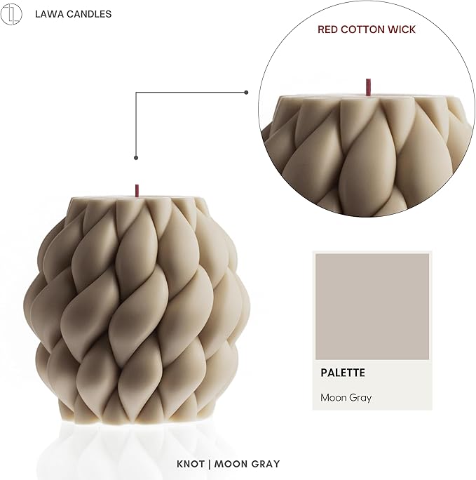 LAWA Knot Ball Candle - Large Beautiful Handmade Pillar Scented Soy Wax Elegant Bubble Aesthetic Candle Housewarming Gift Home Room Shelf Decor Idea Moon Gray
