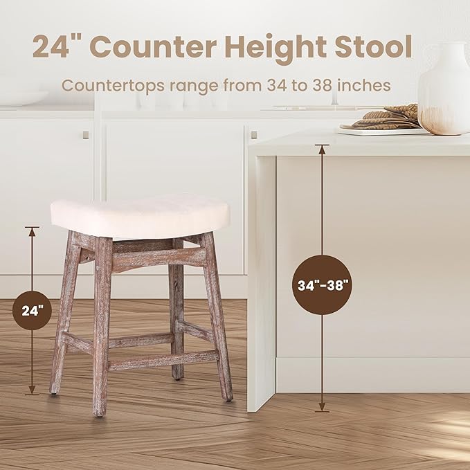 PHI VILLA Farmhouse Bar Stools Set of 2 - Wood Bartools with Upholstered Saddle Seat, 24 inch stools for Kitchen Counter Set of 2