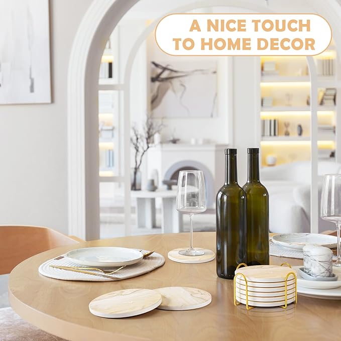 GOH DODD Coasters for Drinks Set of 6, Absorbent Marble Style Ceramic Coaster Cup Coasters Tabletop Protection Home Decor with Metal Holder for Housewarming Gifts Wedding Party, Beige, Round, 4 Inch