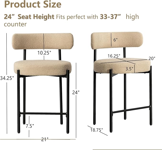 24'' Boucle Bar Stools Set of 4, Beige Bar Stools with Backs, Counter Height Bar Height Stools for Kitchen Island, Upholstered Bar Chairs
