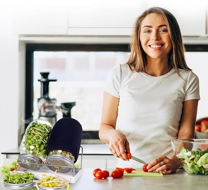 Organic Seed Sprouting Jar Kit – 2 × 32 oz Wide-Mouth Mason Jars with Stainless-Steel Sprouter Lids & Stand, Blackout Sleeves, Drain Tray – Grow Broccoli, Alfalfa & Bean Microgreens