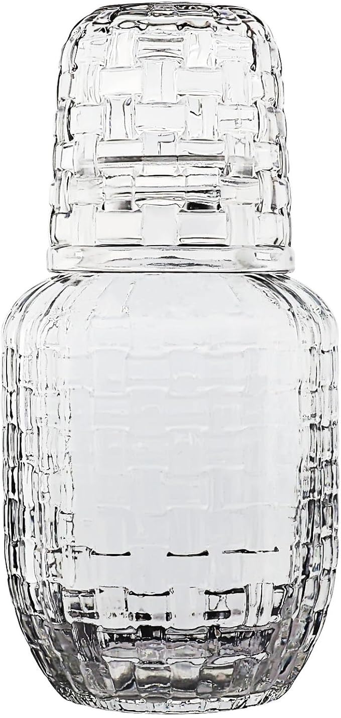 Bedside Water Carafe and Glass Set for Bedroom Nightstand, Bedside, Ticked Glass Mouthwash Decanter for Bathroom, Water Pitcher Set 18.5 oz (Knitted Pattern)