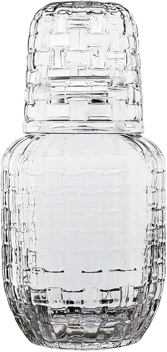 Bedside Water Carafe and Glass Set for Bedroom Nightstand, Bedside, Ticked Glass Mouthwash Decanter for Bathroom, Water Pitcher Set 18.5 oz (Knitted Pattern)