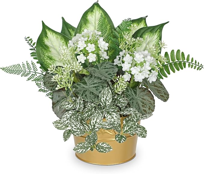Fake Plants 11.8" Artificial Potted Plant Assorted Faux Plants in Gold Pot Silk Plants Artificial Plants Indoor for Home Living Room Bedroom Bathroom Office Table Centerpieces Shelf Greenery Decor