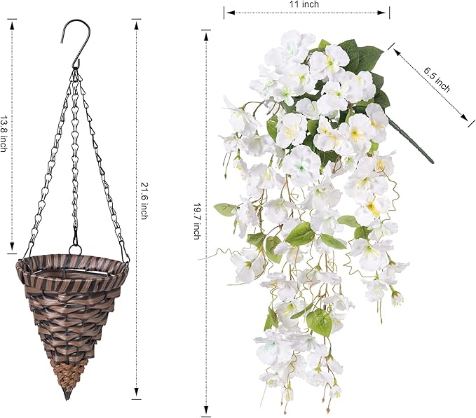 Artificial Fake Hanging Hibiscus Flowers Plants Baskets for Outdoor Decoration, Faux Silk Hibiscus Long Vines in Planter UV Resistant Realistic Flowers for Outside Porch Patio Home Decor, White