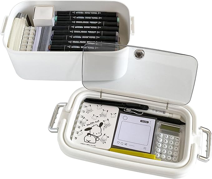 Large Pen Organizer with Lid, White Desk Accessories Storage Box for Home Office Organization, Plastic Crafts Case with Handle for Marker, Pencils, Stationery, Greeting Cards, Envelopes