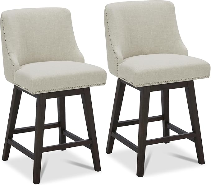 CHITA Counter Height Swivel Bar Stools Set of 2, FSC Certified Upholstered Counter Stools, Modern Swivel Barstools with Wood Legs for Kitchen Island, 26" Seat Height, Fabric in Linen
