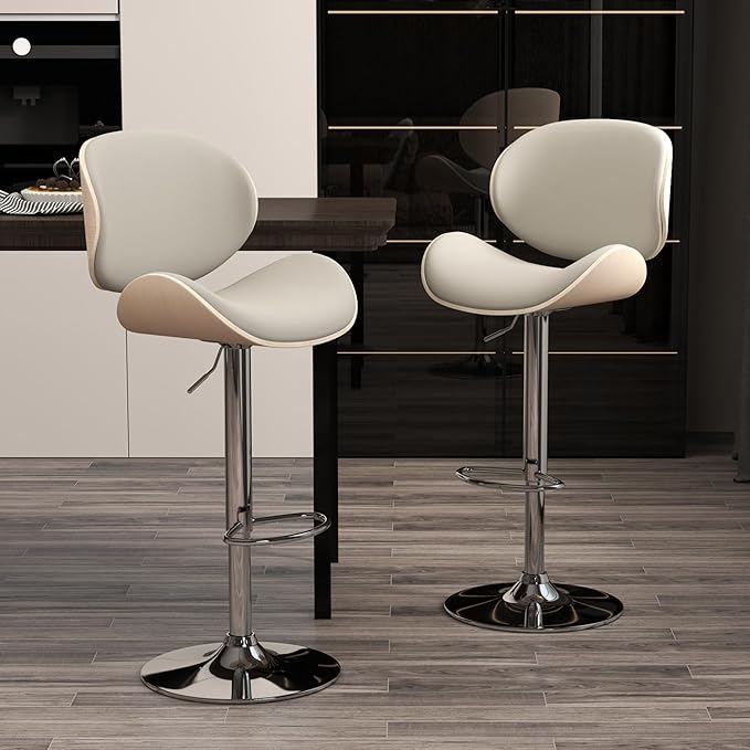 KCC Bar Stools, Swivel Adjustable Height Barstools, PU Leather Upholstered Bar Chairs with Footrest, Bentwood Bar Stool for Kitchen, Bar, Dining Room(Grey PU)