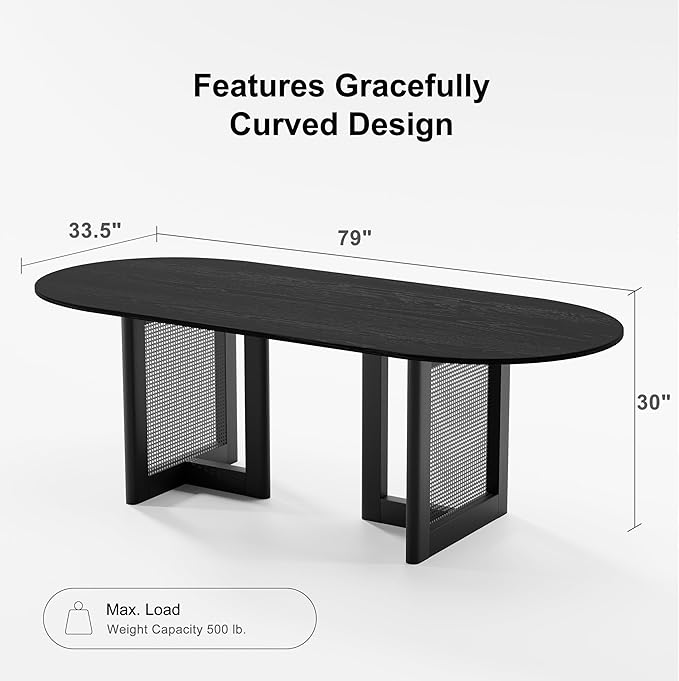 Casaphoria 79" Dining Table for 8, Wood Kitchen Table with Scratch-Resistant Top & Rattan Base, Modern Farmhouse Oval Dining Table for Living Room, Kitchen, Easy Assembly, Black (Chairs not Included)