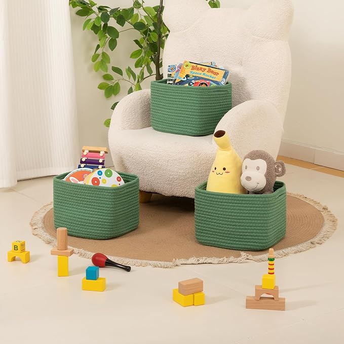 OIAHOMY 9”x9”x7” Storage Cubes, Cotton Rope Woven Baskets for Organizing, Cube Storage Bin, Small Gift Basket for Shelf, 3-Pack, Green