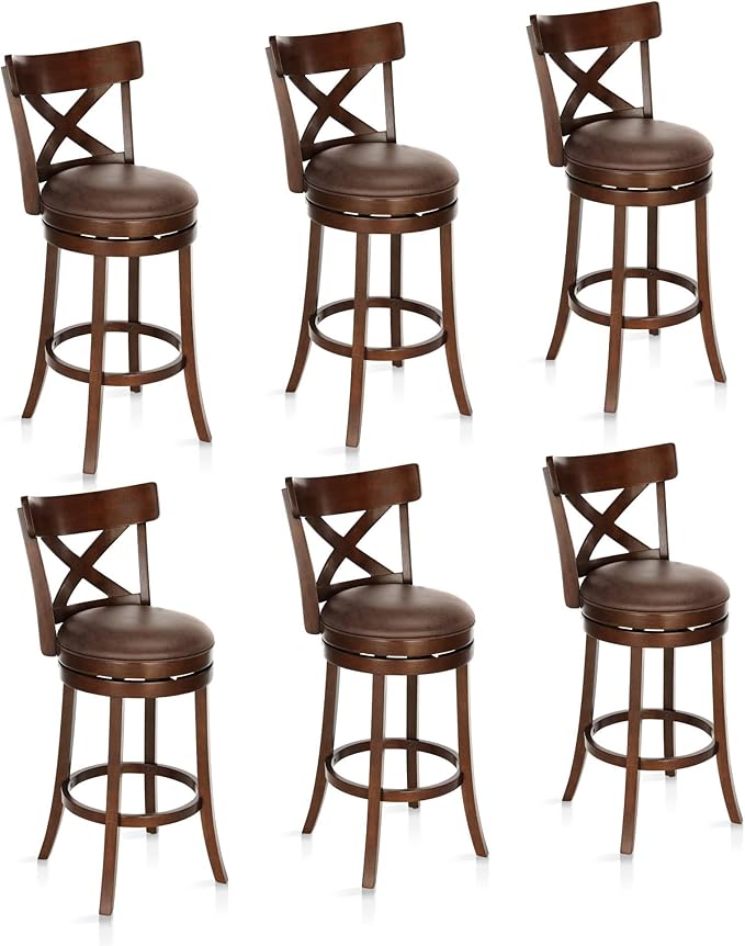 ALPHA HOME Swivel Bar Stools Set of 6, Kitchen Stools with Backs, 30 Inch Wooden Bar Stools, 360 Degrees Swivel Chair with Upholstered, Wrap-Around Footrest Counter Chair, Cappuccino