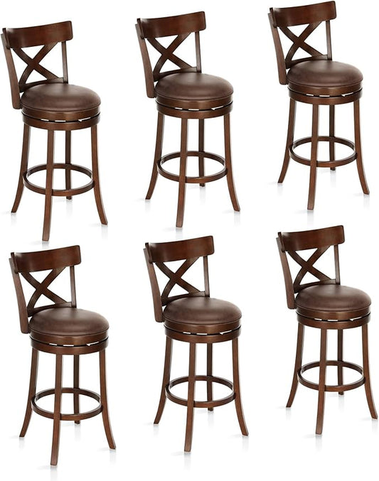 ALPHA HOME Swivel Bar Stools Set of 6, Kitchen Stools with Backs, 30 Inch Wooden Bar Stools, 360 Degrees Swivel Chair with Upholstered, Wrap-Around Footrest Counter Chair, Cappuccino