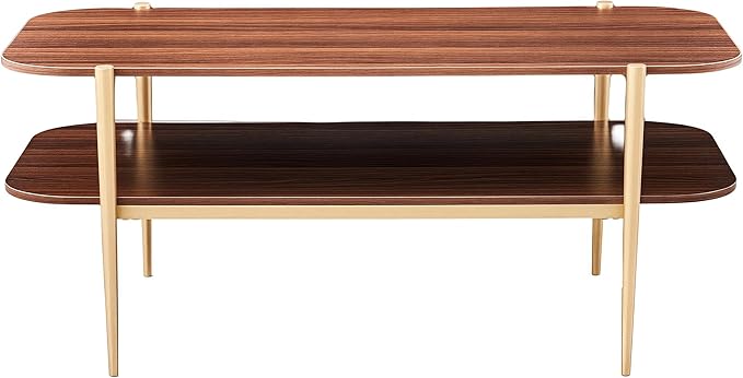 Shrine Rectangle Coffee Table, Mid-Century Modern Design, Two-Tier Walnut MDF Rounded Corner Table, 41" D x 21" W x 17" H, Sleek Conical Metal Legs with Gold Finish