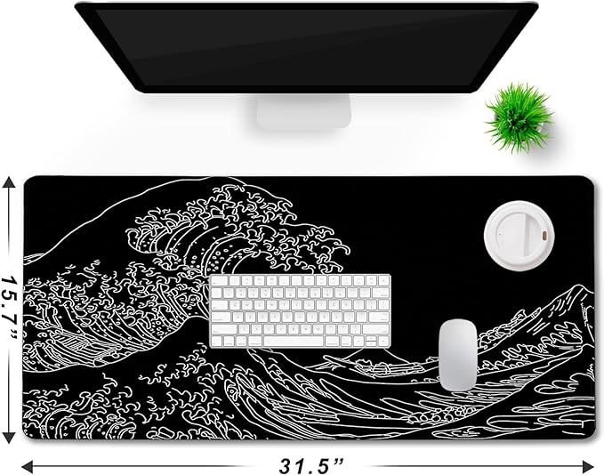 Japanese Sea Wave Mouse Pad for Gaming, Large Mouse Pad Extended (31.5X 15.75 INCH) Non-Slip Rubber Base & Stitched Edge for Computers Laptop Home Office Accessories