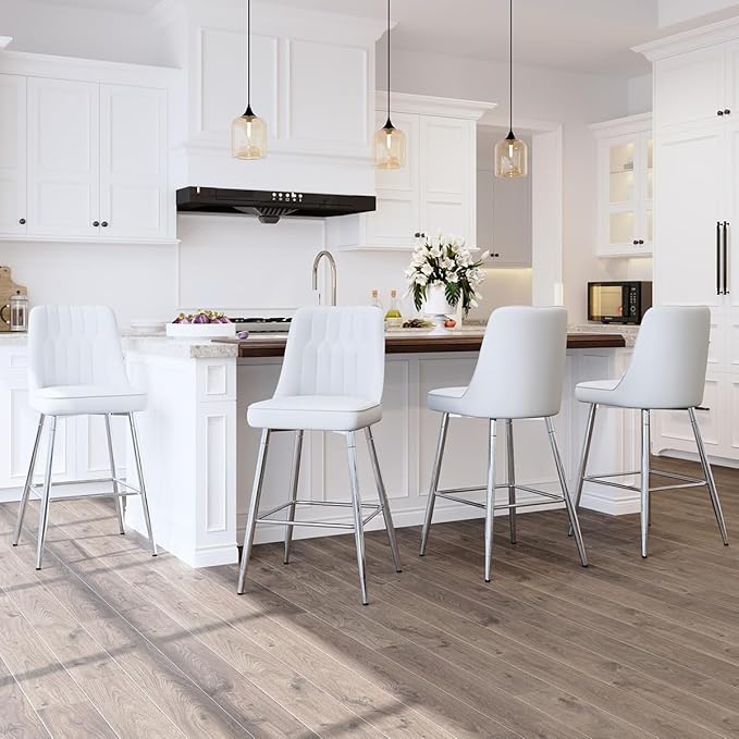 Counter Height Bar Stools Set of 2,White Bar Stools with Back,27" Upholstered Counter Height Bar Stool with Sturdy Silver Chrome Footrest,Modern Kitchen Island Chairs for Home Pub Bar