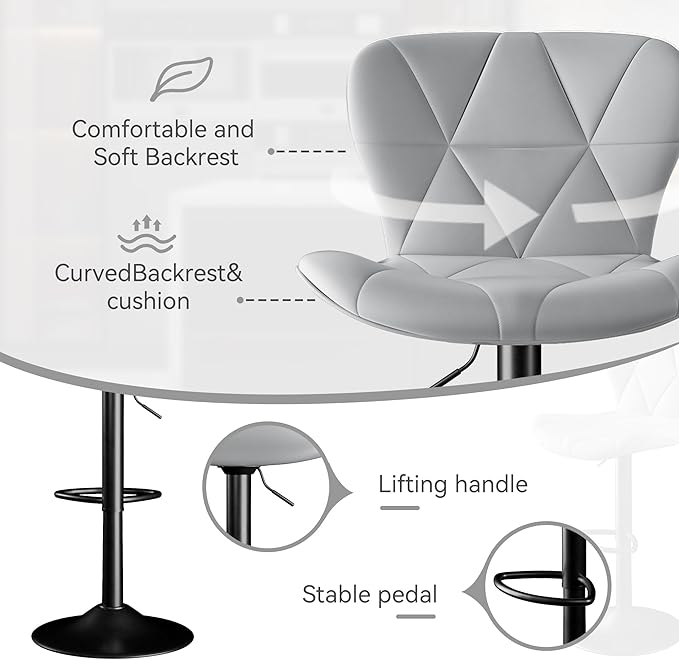 Bar Stools Set of 4,Adjustable Swivel Barstools, Faux Leather Bar Chairs,Upholstered Counter Height with High Backrest for Kitchen Island, Light Grey