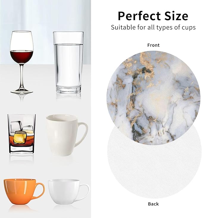 White Gray Gold Marble Coasters Set of 6 Coasters for Drinks Absorbent Double-Sided Leather PVC Coaster for Tabletop Protection Coffee Table Decor Ideal for Home Decor House Warming Gifts