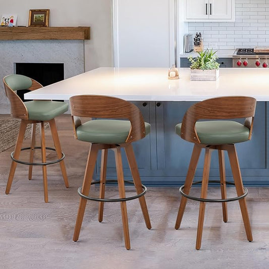 Barstools Set of 3,Bar Height Bar Stools for Kitchen Island,30.3 Inch H Modern Upholstered Bar Chair, Swivel Bar Stools with Wood Back and Bamboo Legs (Green-PU)
