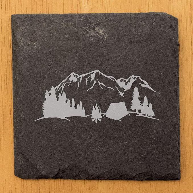 Mountain Majesty Slate Coasters with Stunning Mountain Scene Design - Perfect for Home and Office Decor and Protection of Surfaces, Available in Square or Round Coasters - Square Slate - Set of 8