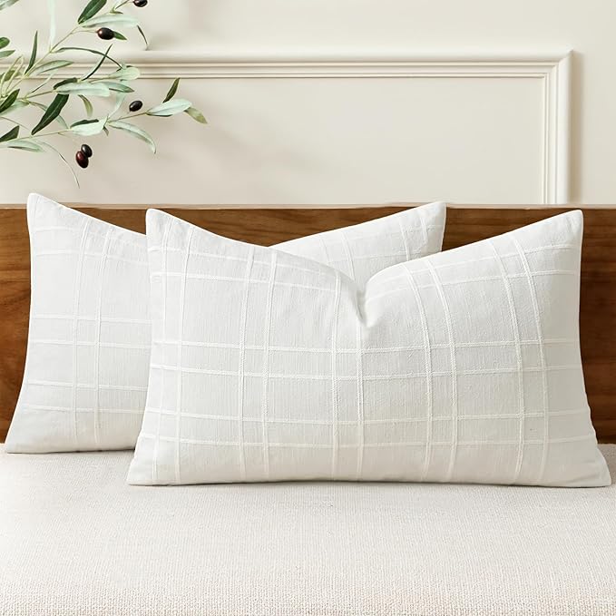 MIULEE Decorative Linen Check Lumar Throw Pillow Covers Neutral Farmhouse Vintage Christmas Pillow Covers 12x20 Set of 2 Boho Modern Home Decor for Sofa Couch Bedroom Cushion Cream White