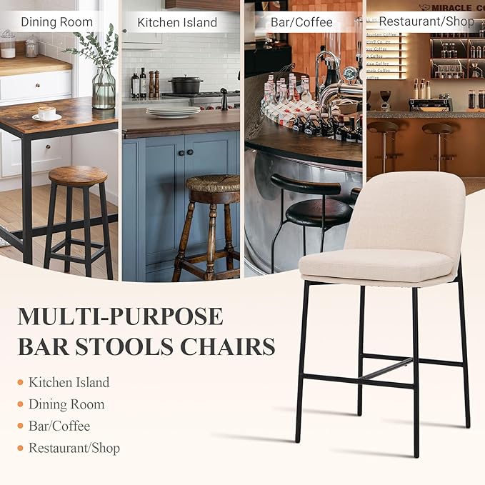 COLAMY Counter Height Bar Stools Set of 2, 25 Inch Modern Fabric Kitchen Island Stools with Back, Upholstered Counter Barstools Armless Bar Chairs with Metal Legs for Island Dining Room Bar, Beige