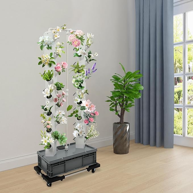 56-Hole Hydroponic Growing System Vertical Garden Tower with Automatic Watering Timer, 4 Wheels for Indoor Outdoor Use | Grow Lettuce, Strawberries, Tomatoes, Herbs