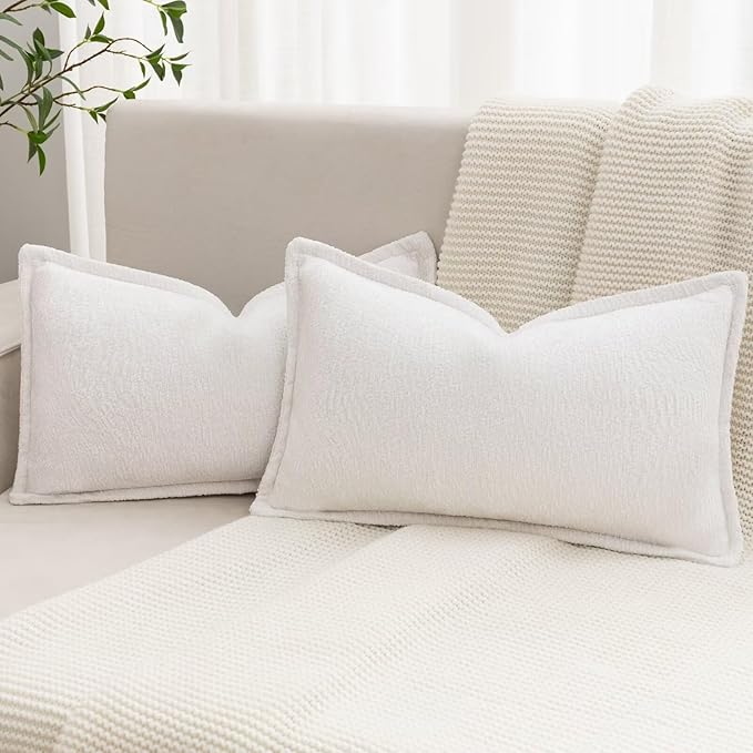 Cream White Decorative Throw Pillow Covers 12x20 Inch Set of 2 Cozy Soild Chenille Cushion Cases Soft Textured Lumbar Couch Pillows Cover Boho Accent Farmhouse Pillowcases for Sofa Bed
