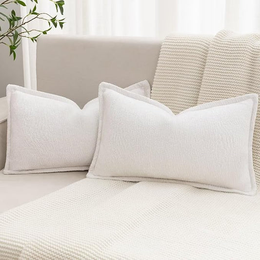 Cream White Decorative Throw Pillow Covers 12x20 Inch Set of 2 Cozy Soild Chenille Cushion Cases Soft Textured Lumbar Couch Pillows Cover Boho Accent Farmhouse Pillowcases for Sofa Bed